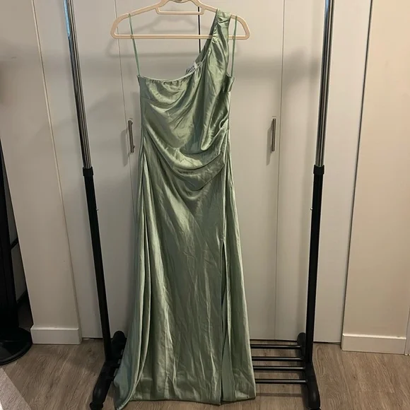 hello molly green one shoulder dress Style Wonderland Satin One Shoulder Maxi Dress Green